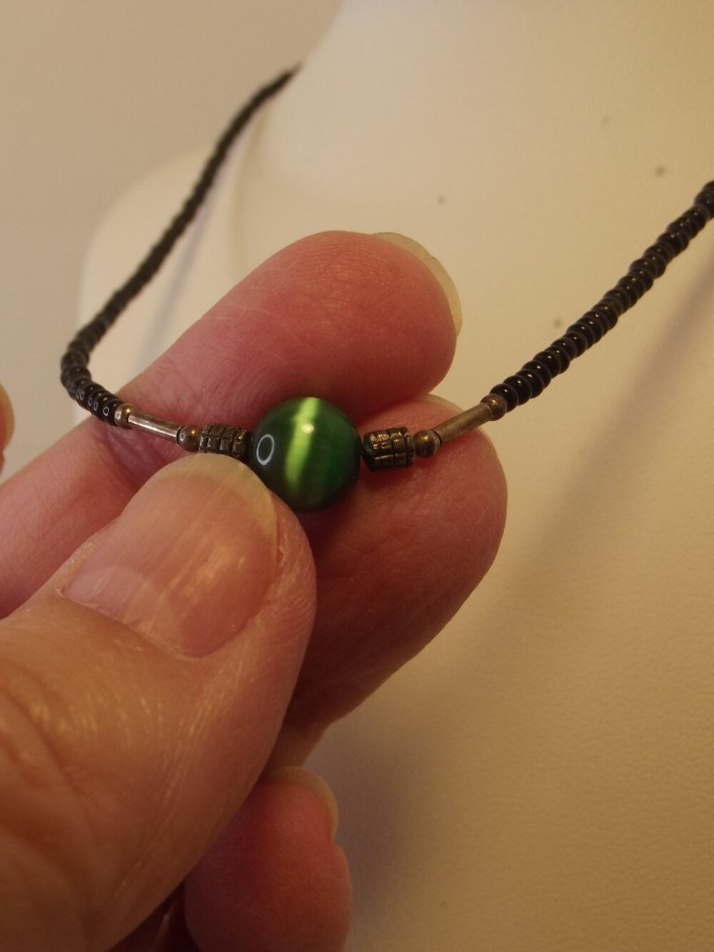 Black Beaded Choker Necklace with Green Cat's Eye Stone
